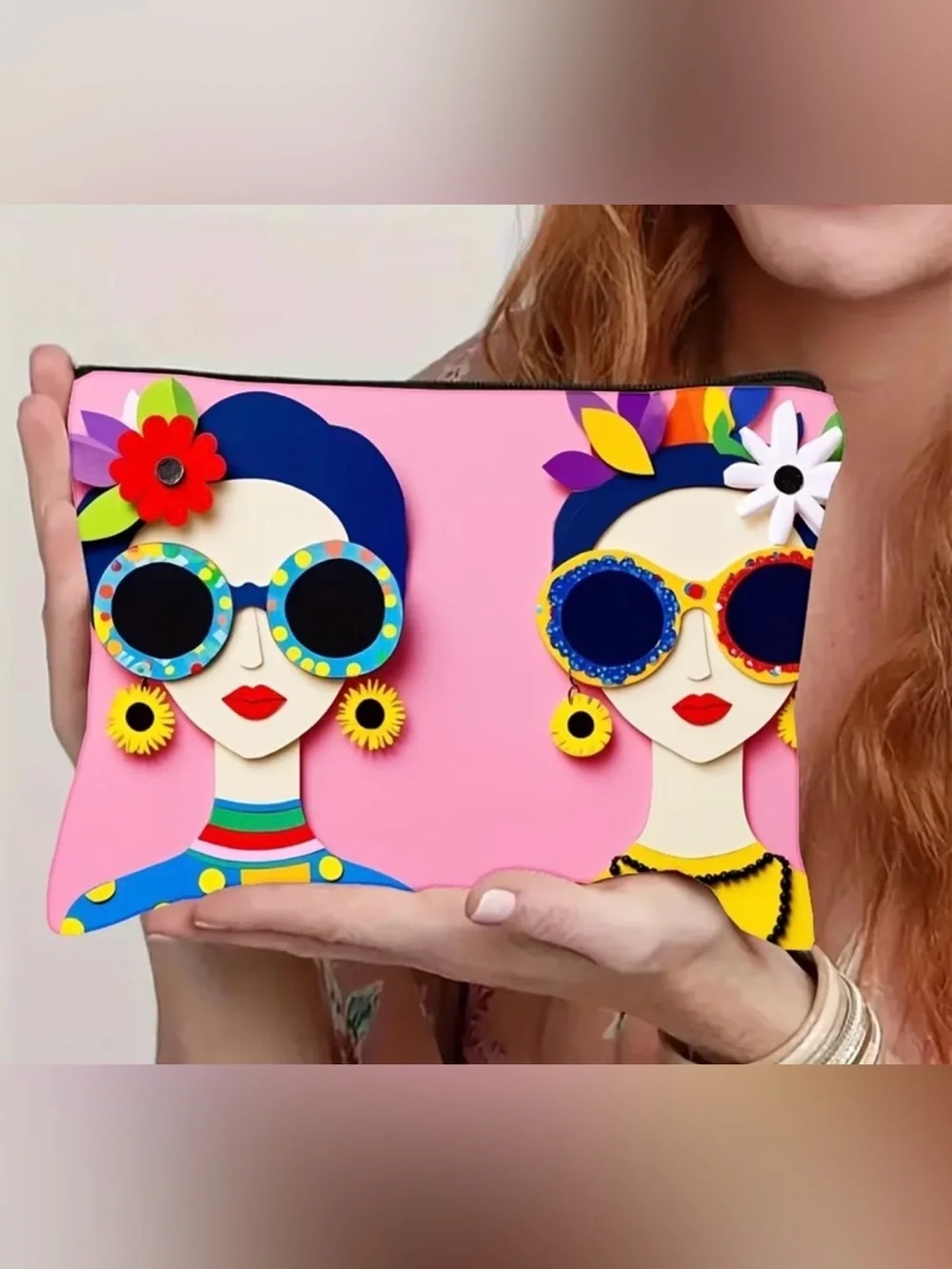 Colorful Frida-Inspired Pink Makeup Bag